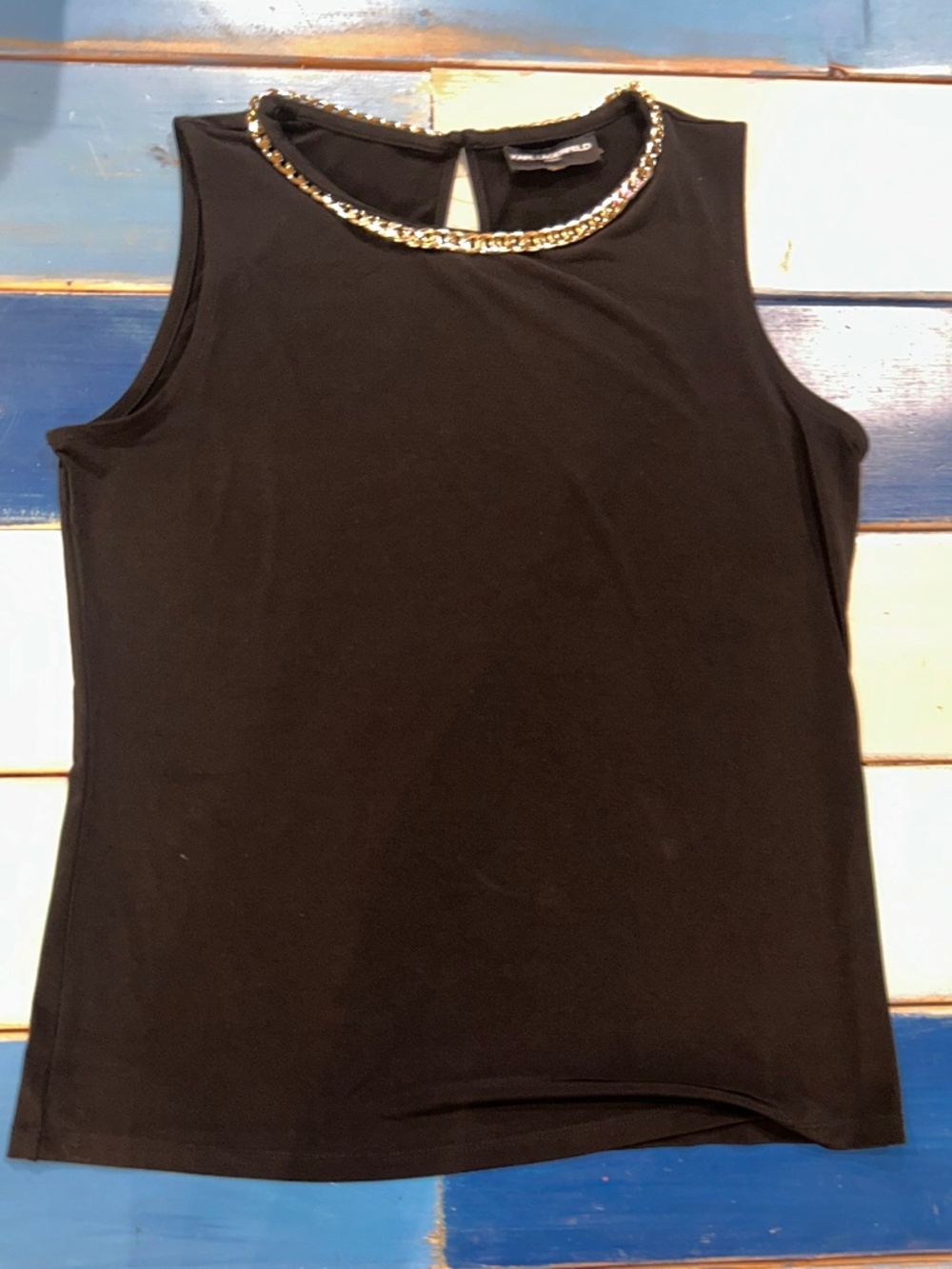 Karl Lagerfeld Paris Black Gold Chain Neck Sleeveless Top Medium